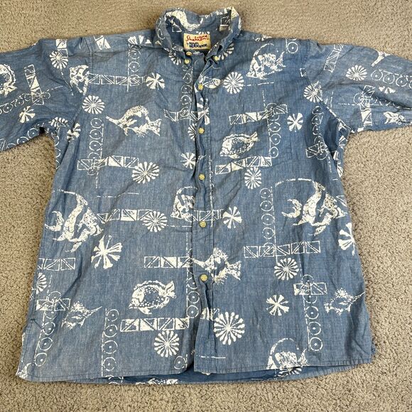 Reyn Spooner Alfred Shaheen Shirt Mens L Blue Hawaiian Button Fish Floral - Picture 5 of 12